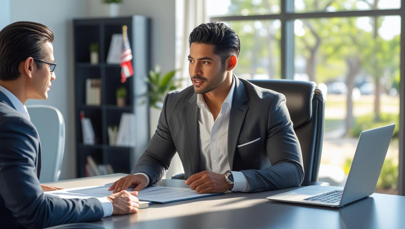 Immigrant entrepreneur consults lawyer in Dallas office, planning business visa paperwork.